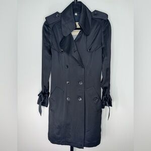 Burberry London Black Silk Trench Coat Double-Breasted Belted Women's US 6